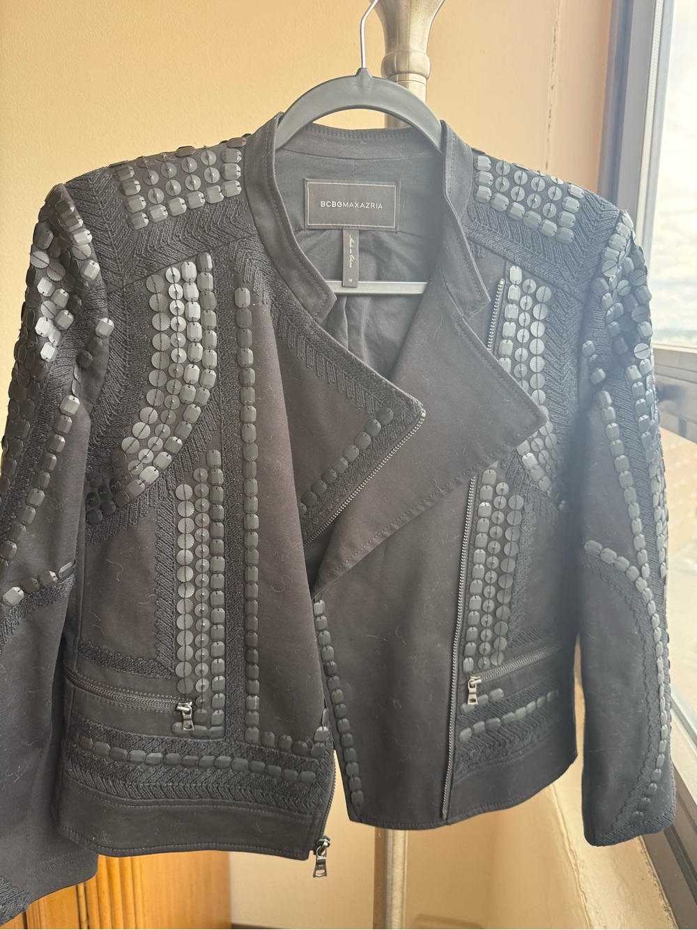 BCBGMAXAZRIA Jaison Black Embellished Sequin Moto Jacket Size M